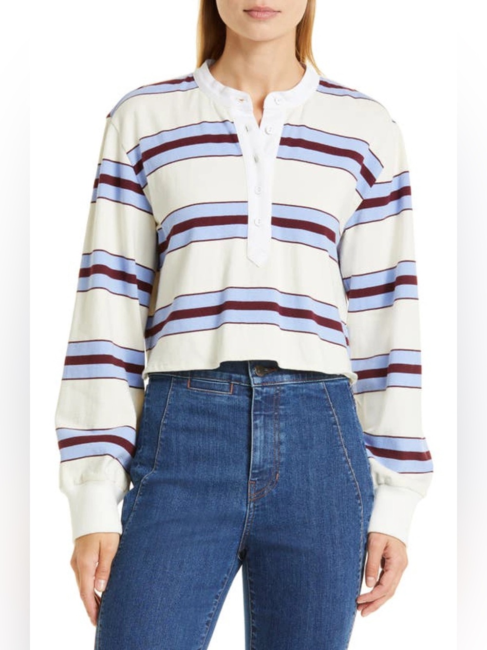 Veronica Beard Indri Rugby Stripe Long Sleeve Top – Parchment Multi Size L
